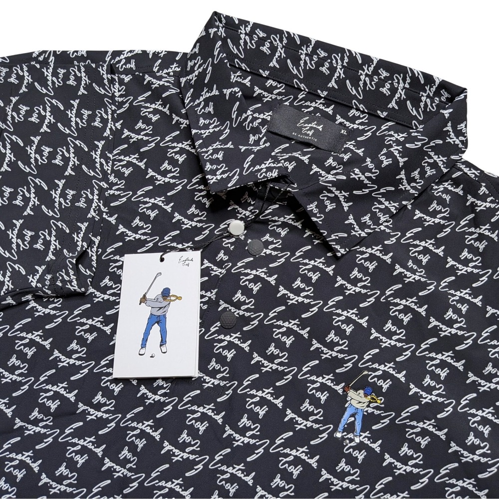 Eastside Golf Snap Placket Polo Men XL Black Logo AOP Short Sleeve Nylon Stretch